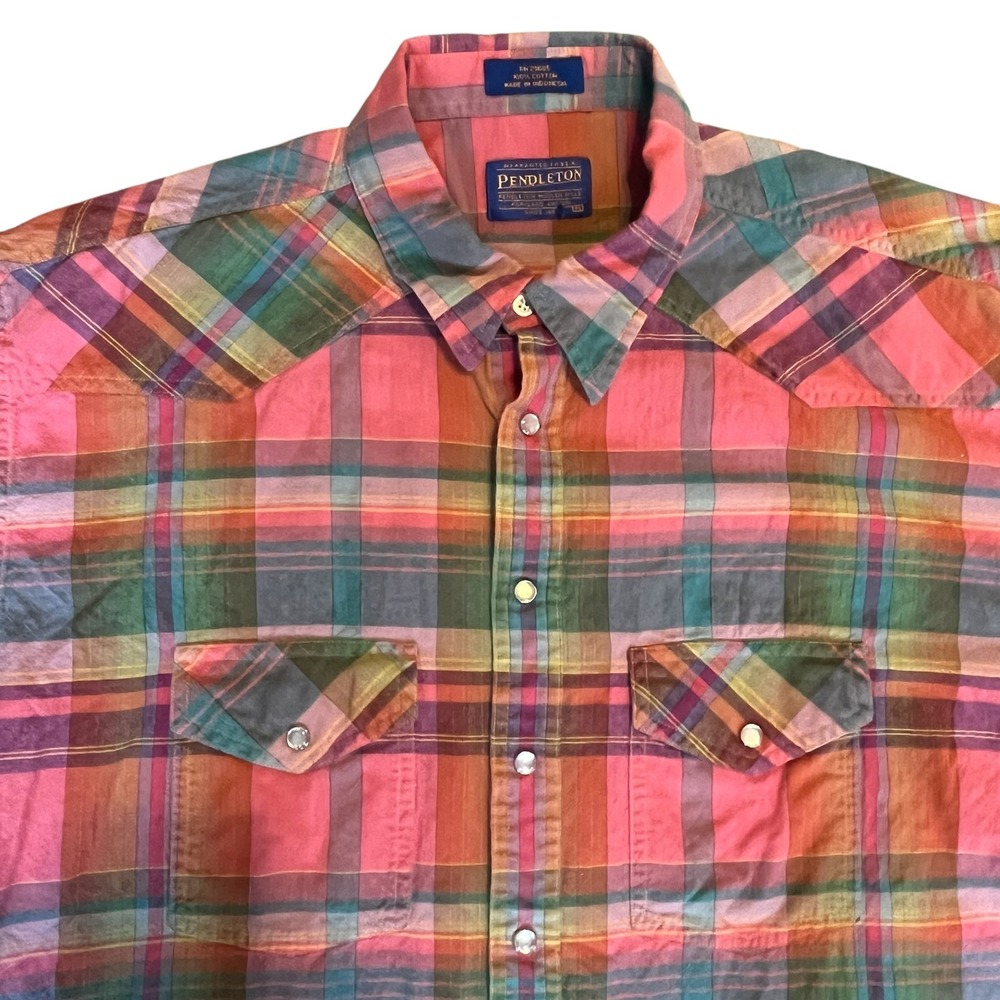Vintage Pendleton Mens XL Western Pearl Snap Shirt Pink Plaid Short Sleeve - Picture 2 of 4